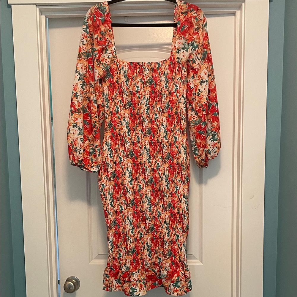 Pink Lily Floral Smocked Midi Dress - Red, Green & Cream